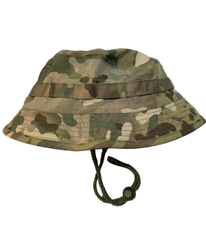 We have our Bush Hats especially made with the crown sloped forward and the rim shortened.